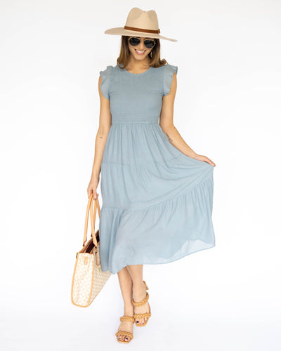 Nell Smocked Midi Dress - Dusty Blue - Eleven Oaks Boutique